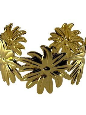 18K Gold Plated Stainless Steel Sunflower Cuff Statement Bangle Bracelet 31.86g